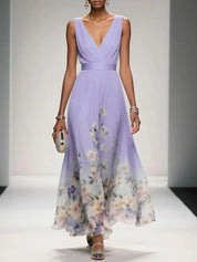 Venetia Somerleigh | Light Blue Floral Maxi V-Neck Dress