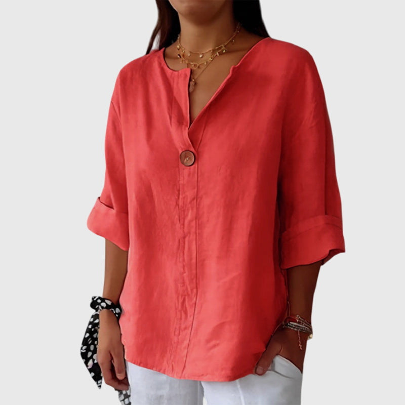 Solange Winterbourne | Linen V-Neck Blouse with Single-Button Closure
