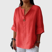 Solange Winterbourne | Linen V-Neck Blouse with Single-Button Closure