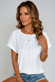 Elspeth Beaurivage | White Eyelet Embroidered Crew Neck Short Sleeve Top