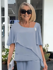 Aurelie Fontverne | Elegant Blue Chiffon Two-Piece Pants Set