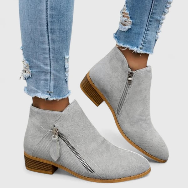 Marguerite Fontenaille | Blue Suede Zip Ankle Boot with Block Heel