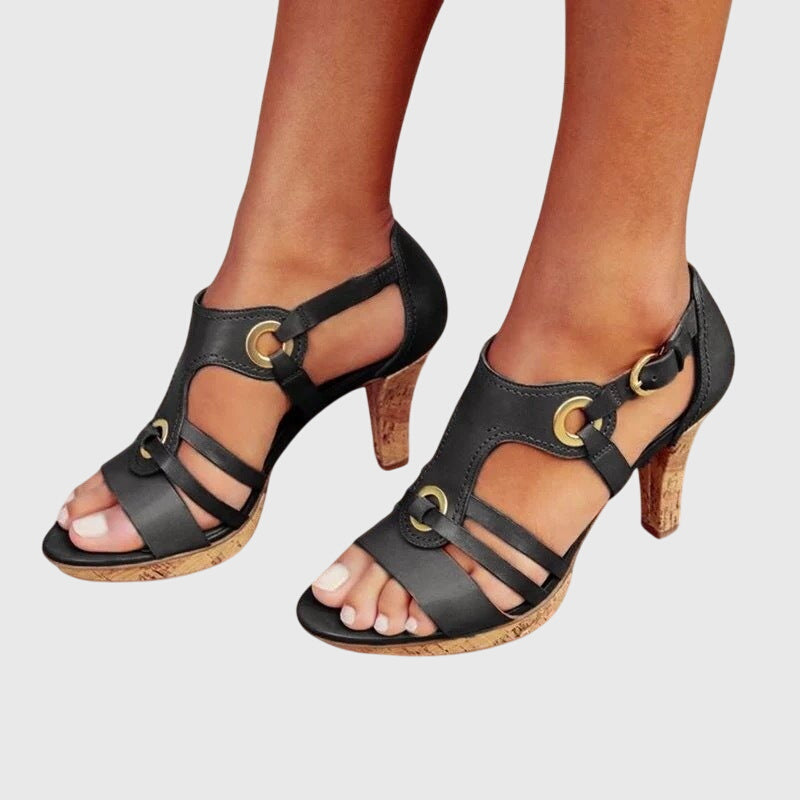 Éloise Ravencourt | Brown Cork Heel Gladiator Sandals with Gold Hardware
