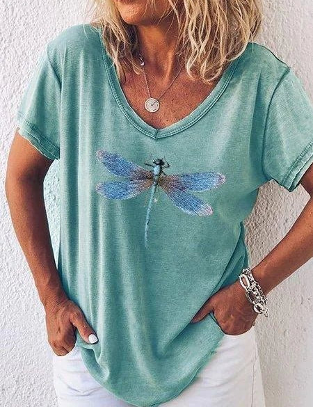 Celestine Roquefort | Dragonfly Print V-Neck Washed Pink Tee
