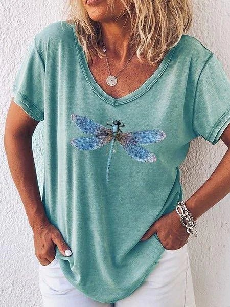 Celestine Roquefort | Dragonfly Print V-Neck Washed Pink Tee