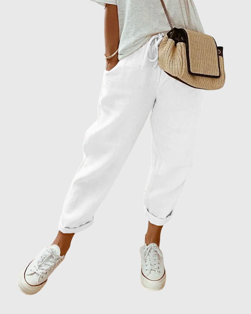 Céleste Duranville | High Waist Linen Drawstring Pants in Beige