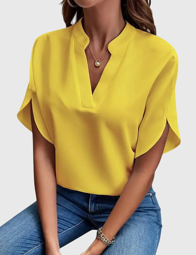 Sylvana Bretoncourt | White V-Neck Short Sleeve Blouse