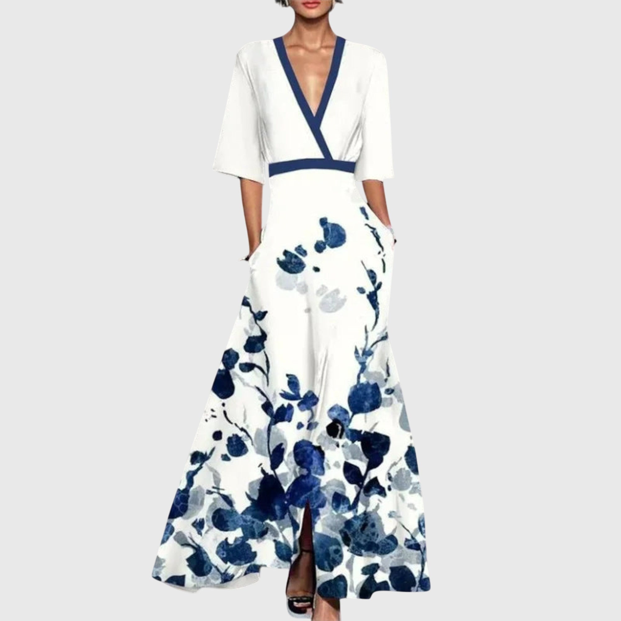 Genevieve Rosafort | Floral Maxi Wrap Dress in Red & Blue