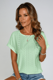 Elspeth Beaurivage | White Eyelet Embroidered Crew Neck Short Sleeve Top
