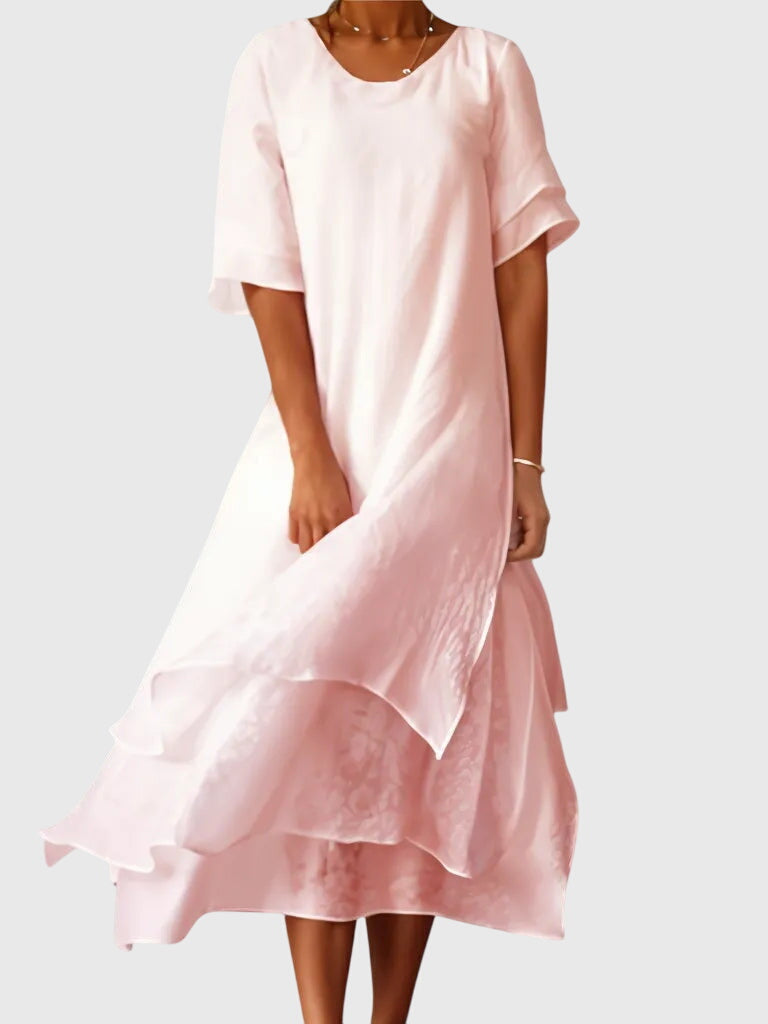 Céleste Rondeau | Pink Layered Midi Dress Short Sleeve