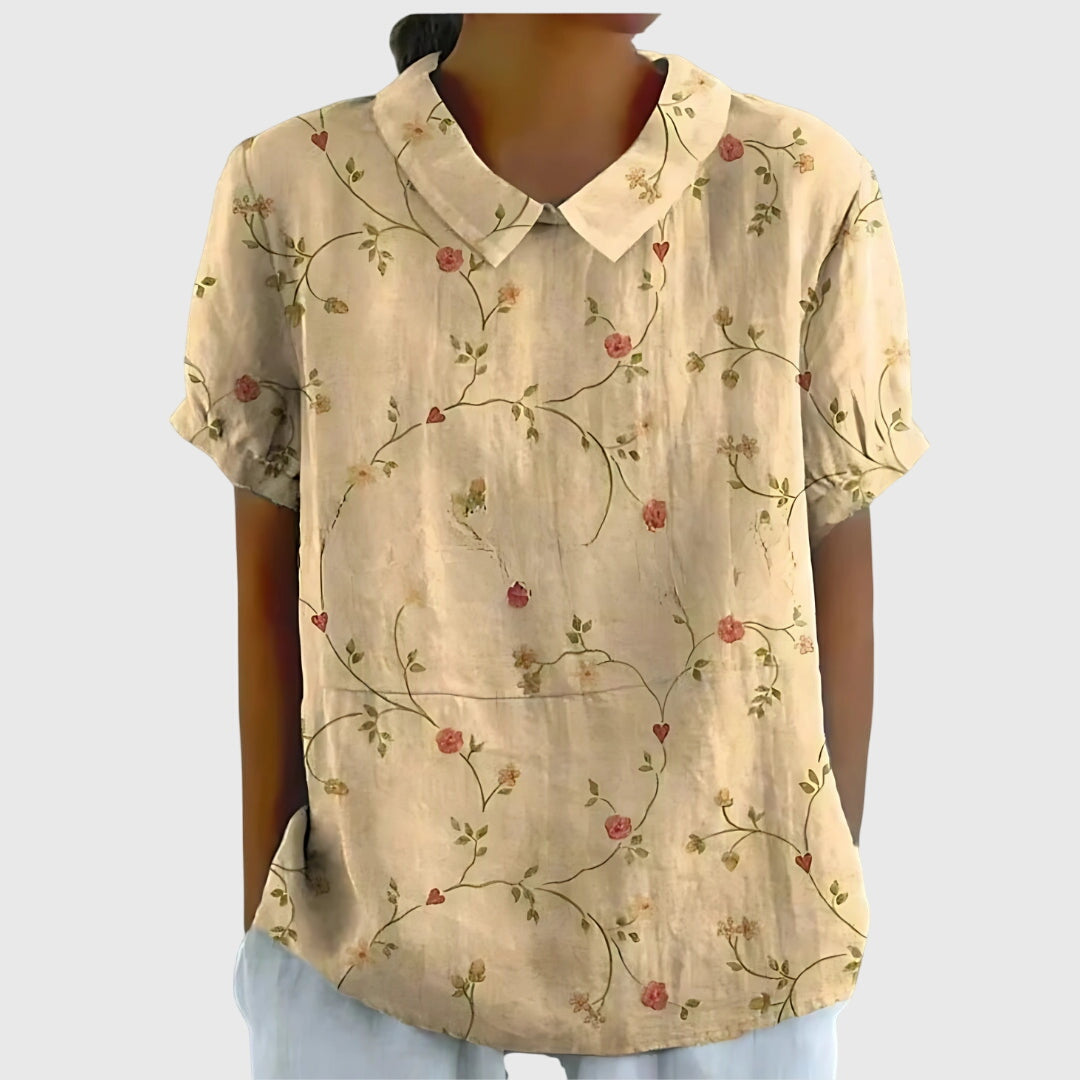 Colette Vaudrenne | Green Floral Print Short Sleeve Blouse