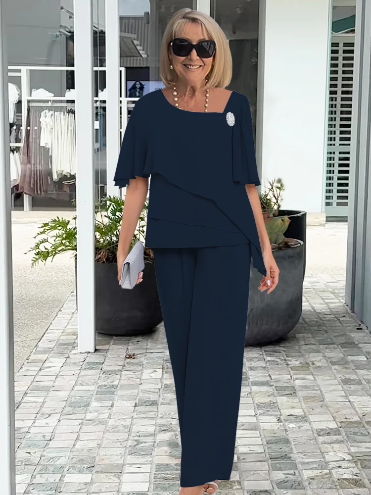 Aurelie Fontverne | Elegant Blue Chiffon Two-Piece Pants Set