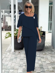 Aurelie Fontverne | Elegant Blue Chiffon Two-Piece Pants Set