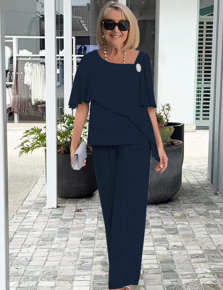 Aurelie Fontverne | Elegant Blue Chiffon Two-Piece Pants Set