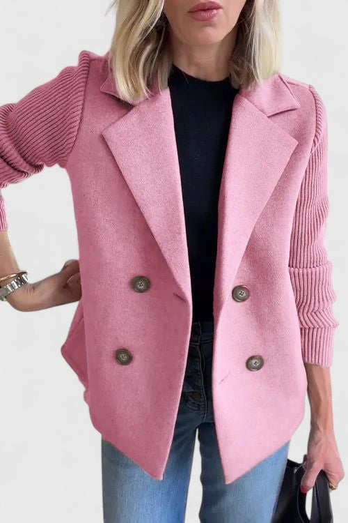 Celeste Harrington | Pink Double-Breasted Blazer with Contrast Knit Sleeves