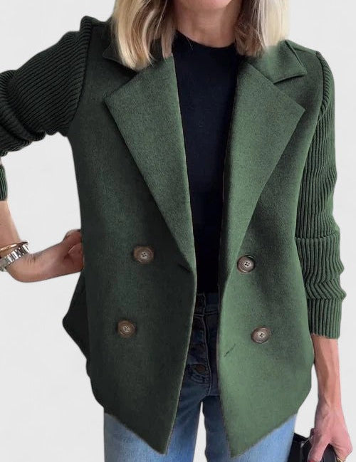 Celeste Harrington | Pink Double-Breasted Blazer with Contrast Knit Sleeves
