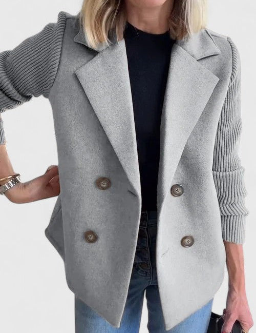 Celeste Harrington | Pink Double-Breasted Blazer with Contrast Knit Sleeves