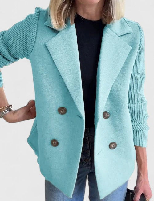 Celeste Harrington | Pink Double-Breasted Blazer with Contrast Knit Sleeves