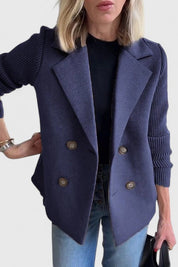 Celeste Harrington | Pink Double-Breasted Blazer with Contrast Knit Sleeves