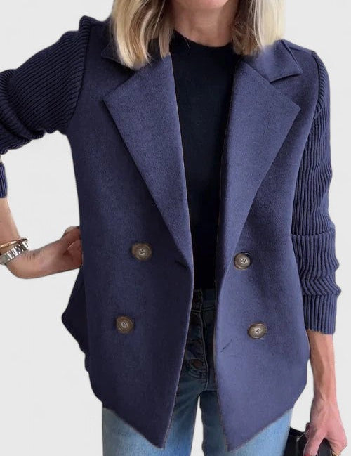 Celeste Harrington | Pink Double-Breasted Blazer with Contrast Knit Sleeves