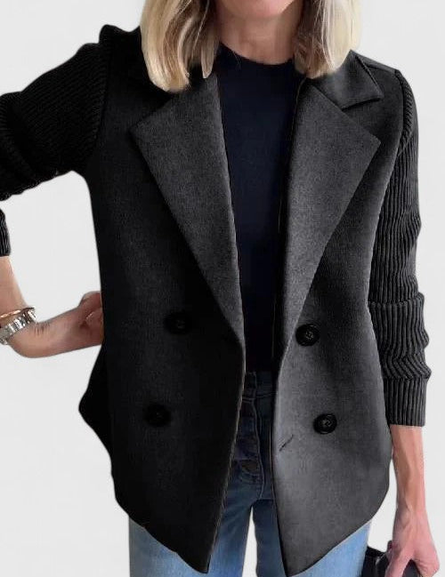 Celeste Harrington | Pink Double-Breasted Blazer with Contrast Knit Sleeves