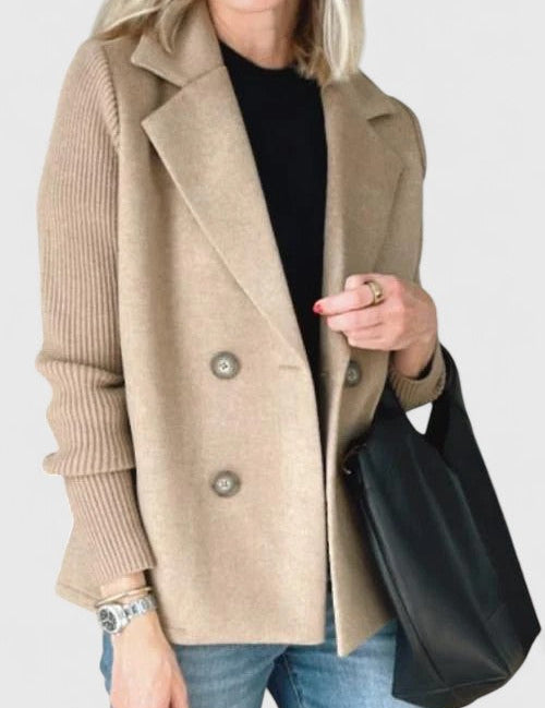 Celeste Harrington | Pink Double-Breasted Blazer with Contrast Knit Sleeves