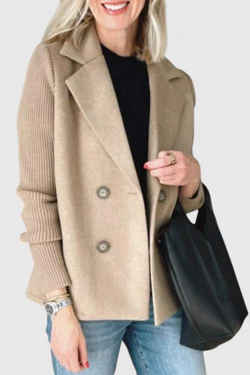 Celeste Harrington | Pink Double-Breasted Blazer with Contrast Knit Sleeves