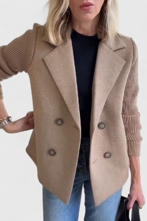 Celeste Harrington | Pink Double-Breasted Blazer with Contrast Knit Sleeves