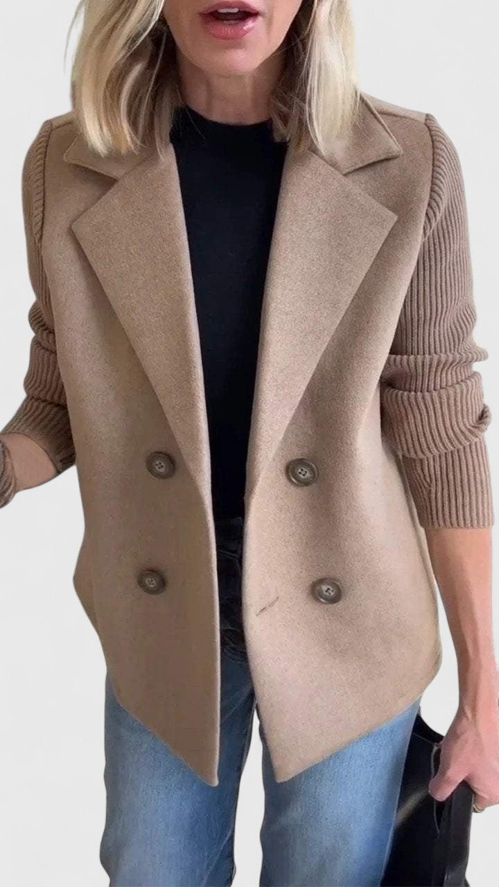 Celeste Harrington | Pink Double-Breasted Blazer with Contrast Knit Sleeves