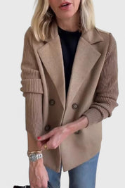 Celeste Harrington | Pink Double-Breasted Blazer with Contrast Knit Sleeves