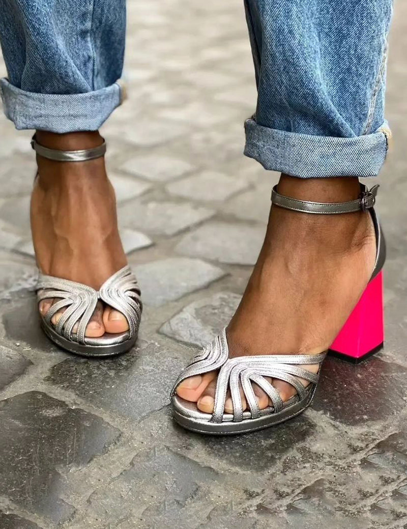 Thérèse Galvani | Metallic Silver Open-Toe Block Heel Sandals with Fuchsia Heel