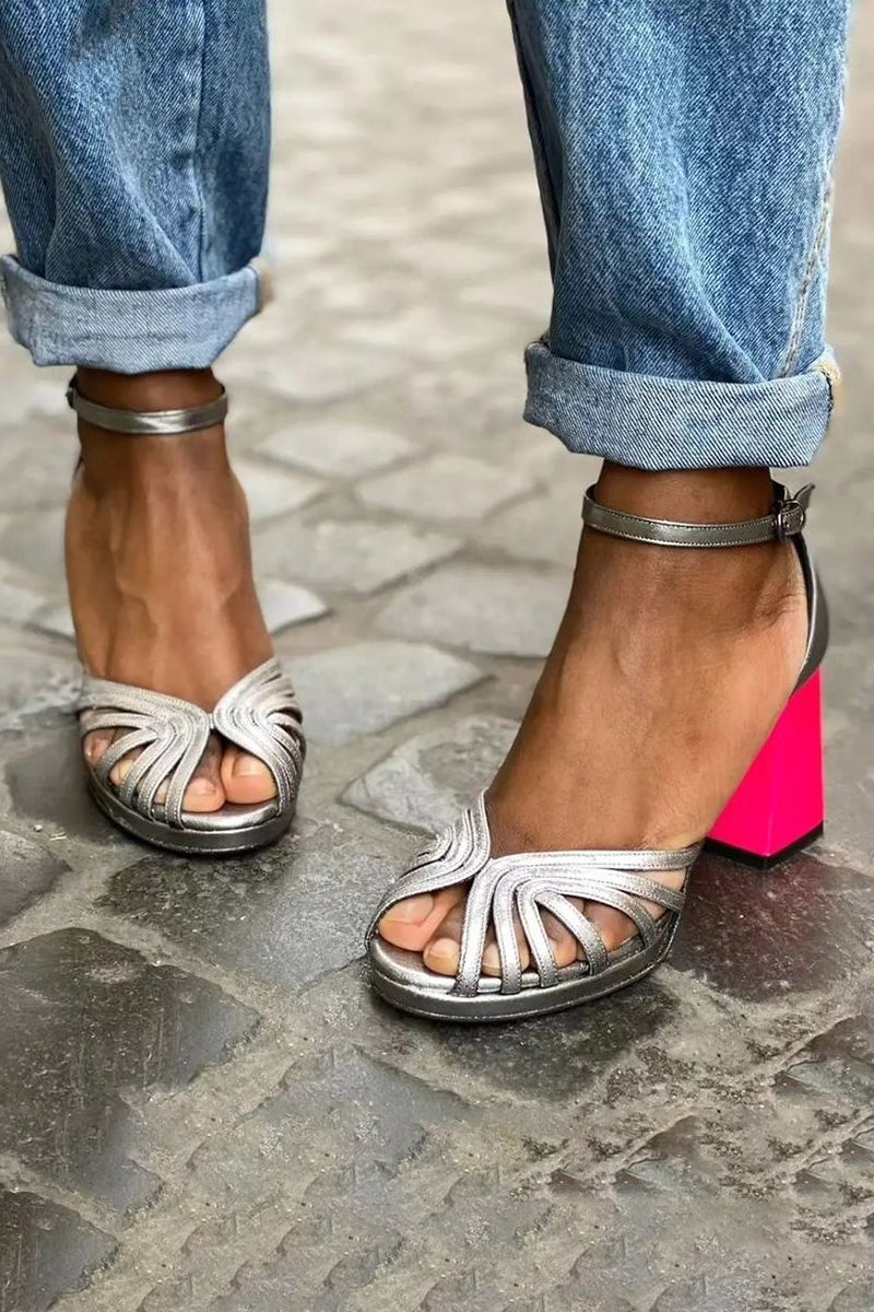 Thérèse Galvani | Metallic Silver Open-Toe Block Heel Sandals with Fuchsia Heel