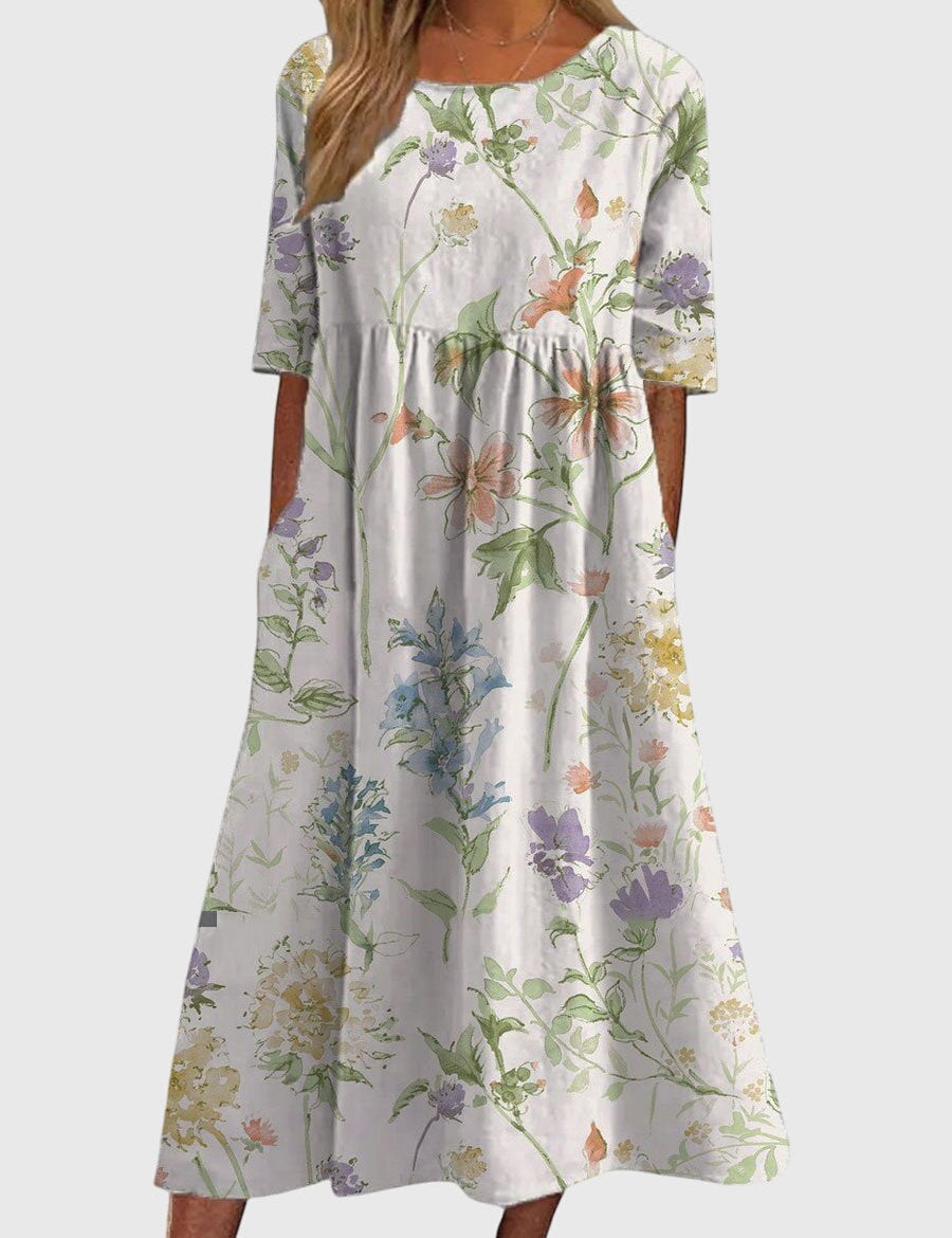 Célimène Fairgrove | Blue Floral Midi Dress with Half Sleeves