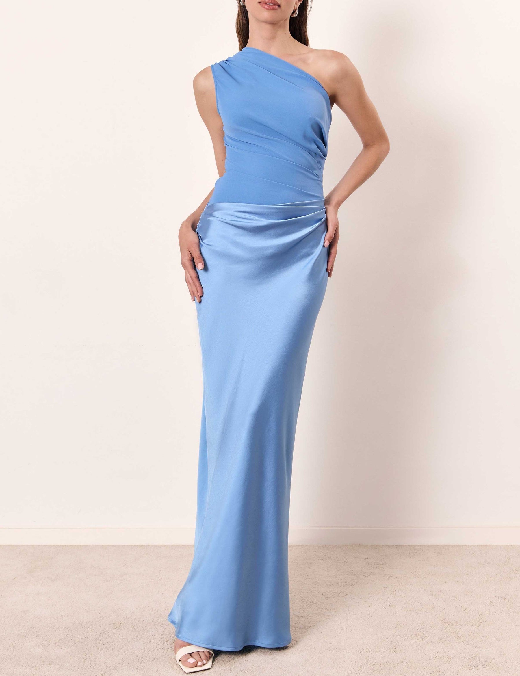 Arabella Wyndmere | Brown One-Shoulder Pleated Satin Maxi Dress