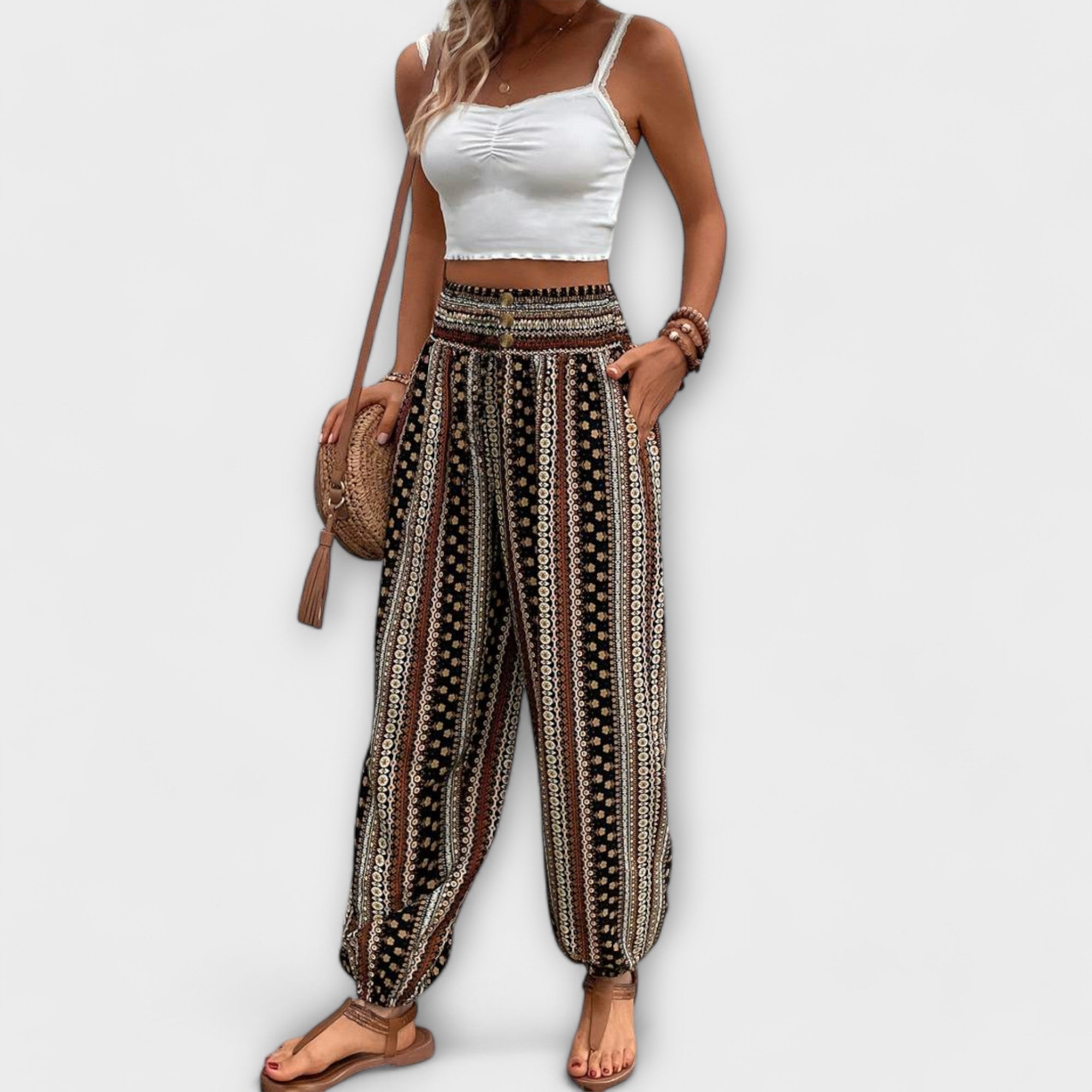 Coralie Deschamps | Boho Ethnic Print Smocked Waist Harem Pants