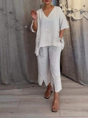 Rosalinde Vaucourt | White Linen Two-Piece Set with Sequin Fringe Detail