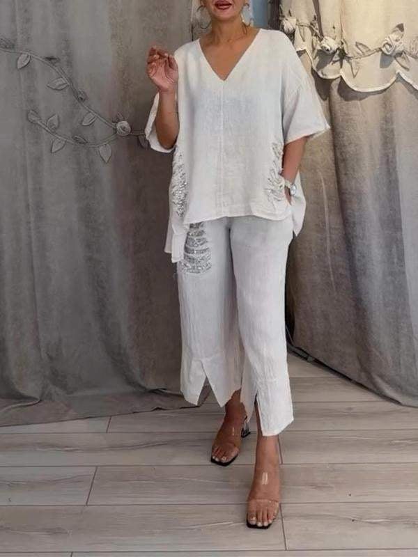 Rosalinde Vaucourt | White Linen Two-Piece Set with Sequin Fringe Detail