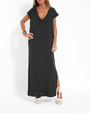 Seraphine Caldwell | Coral V-Neck Side Slit Maxi Dress