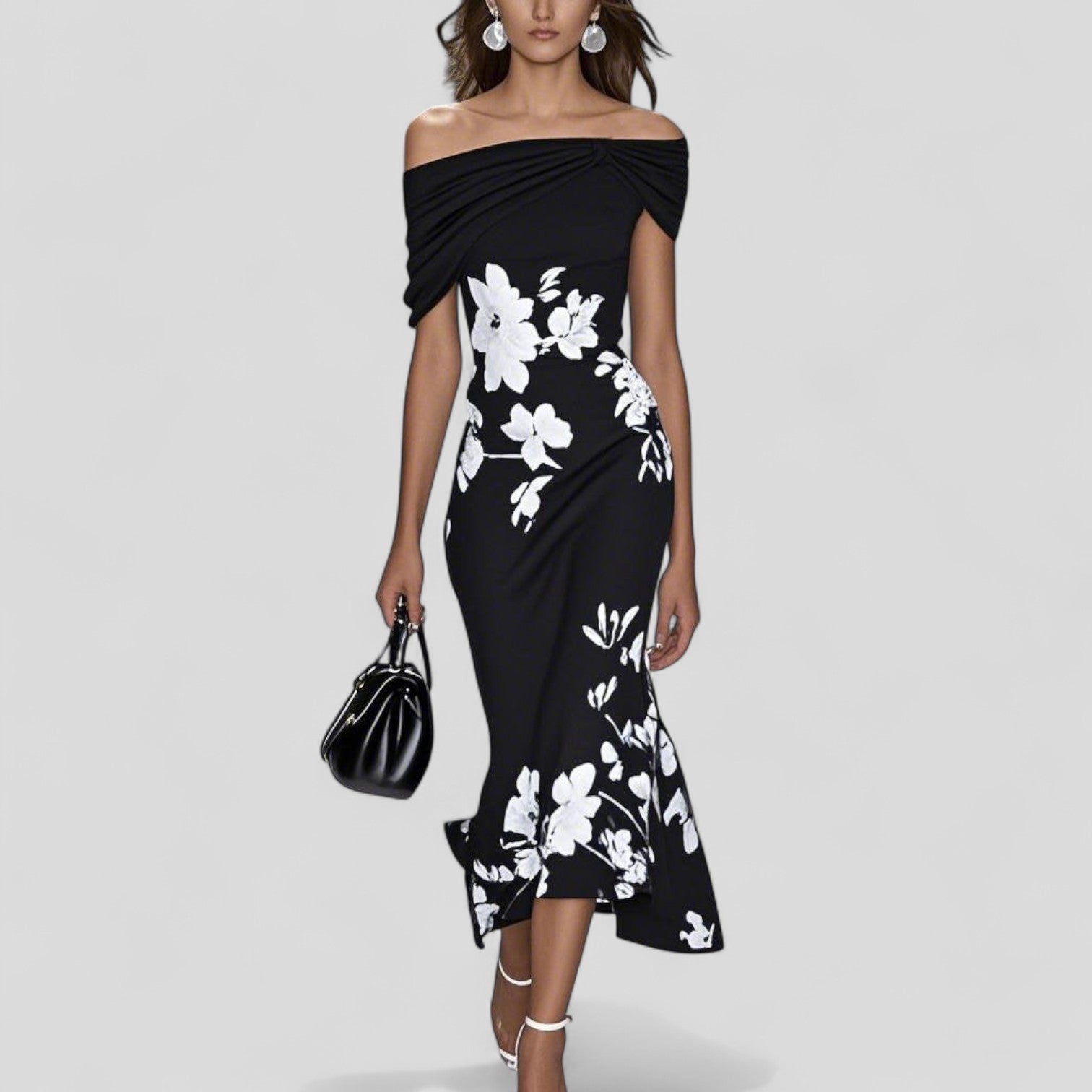 Eliane Duvernet | Green Floral Off-Shoulder Midi Dress