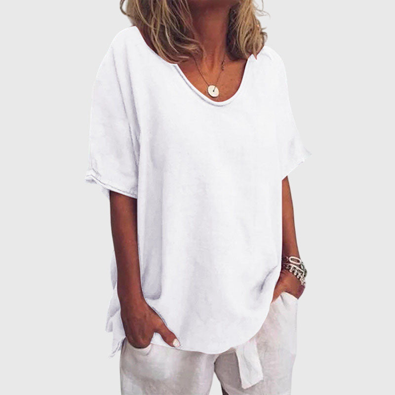 Constance Villaret | Loose V-Neck Top in Pink Cotton Linen
