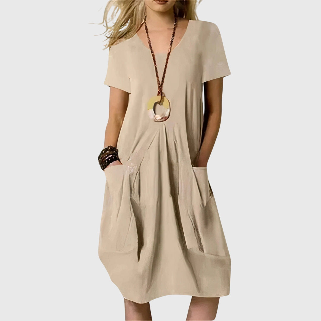 Maricel Fontenrose | Orange V-Neck Midi Dress with Pockets