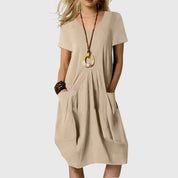 Maricel Fontenrose | Orange V-Neck Midi Dress with Pockets