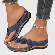 Rosette Dunleigh | Blue Flower Wedge Flip Flop Sandals