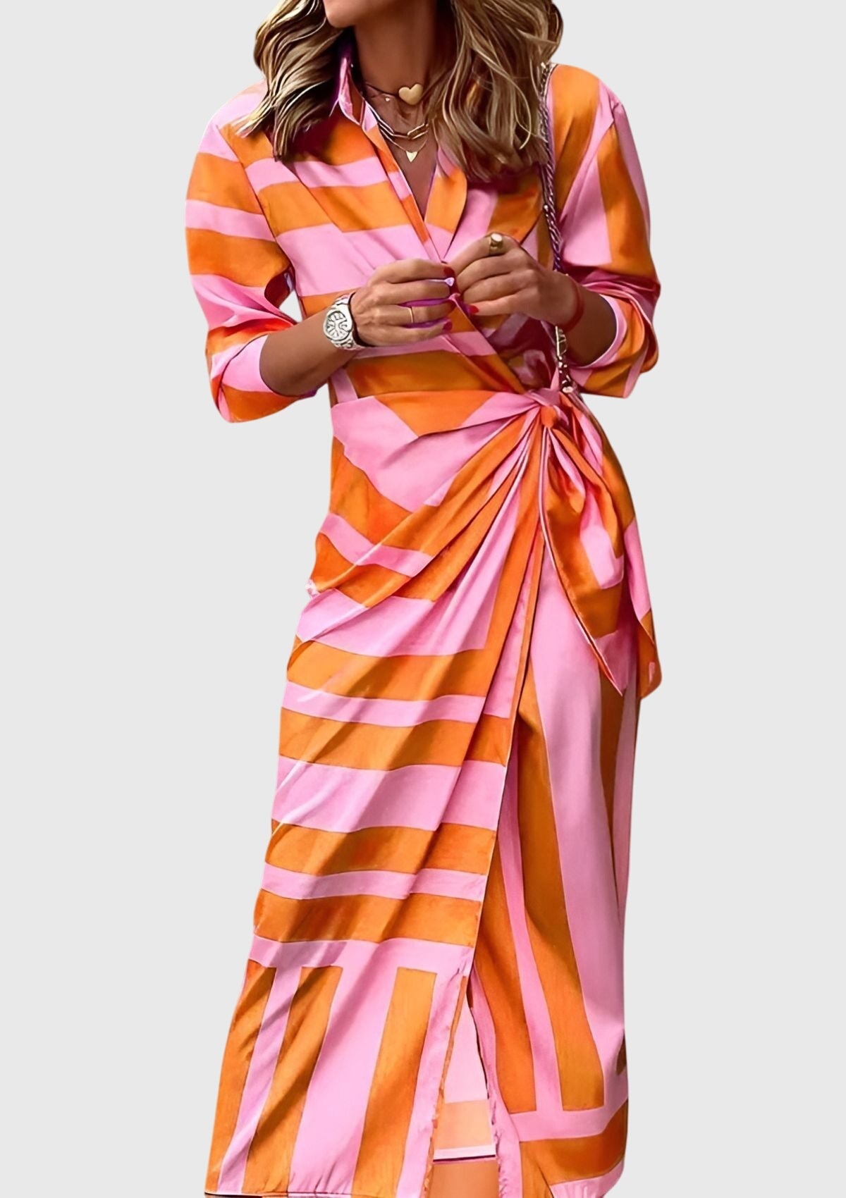Ottilie Sancerre | Orange & Pink Geometric Print Wrap Midi Dress