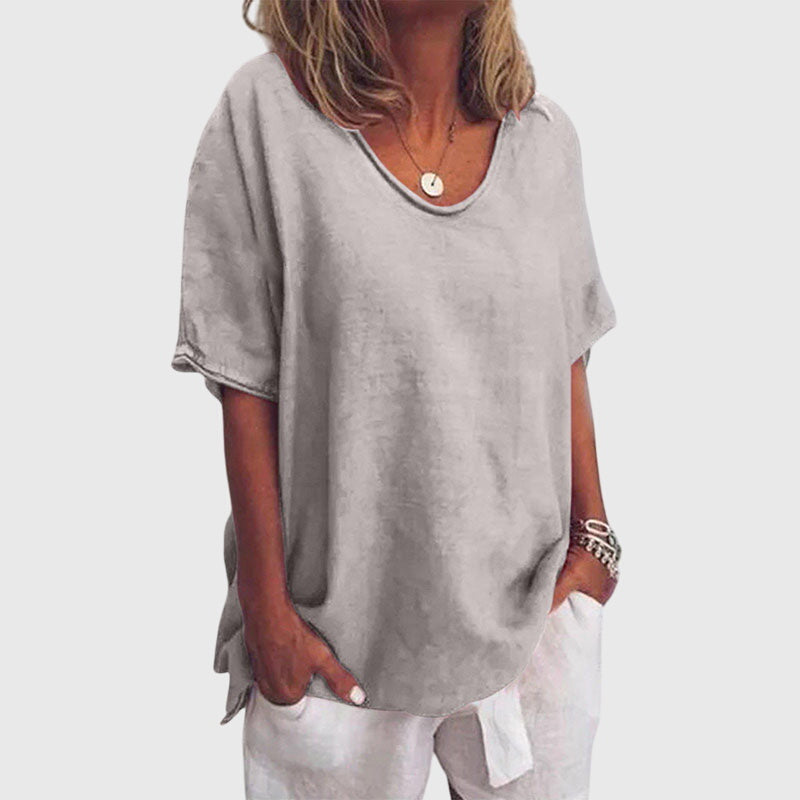 Constance Villaret | Loose V-Neck Top in Pink Cotton Linen