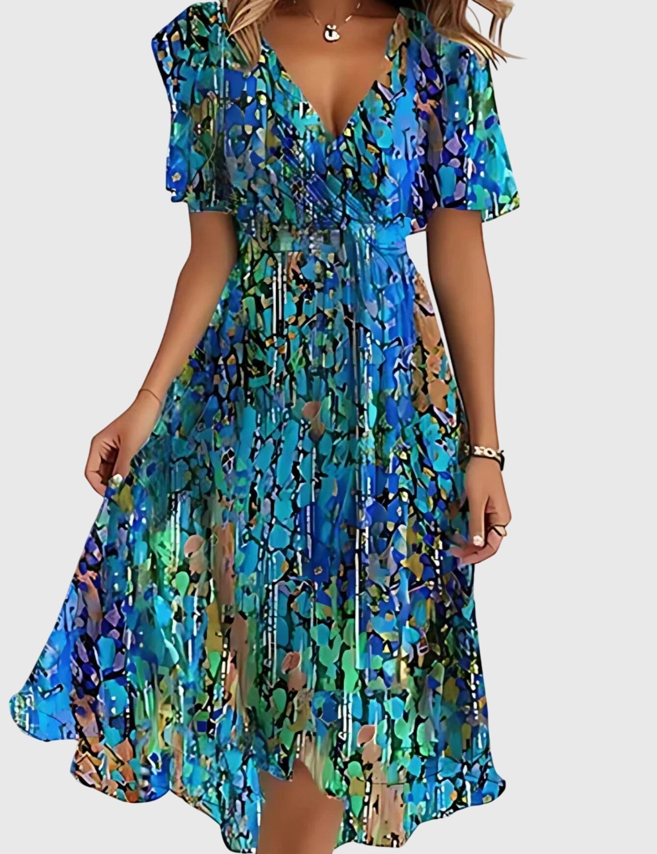 Estelle Ravenclair | Floral Chiffon Midi Wrap Dress with Flutter Sleeves