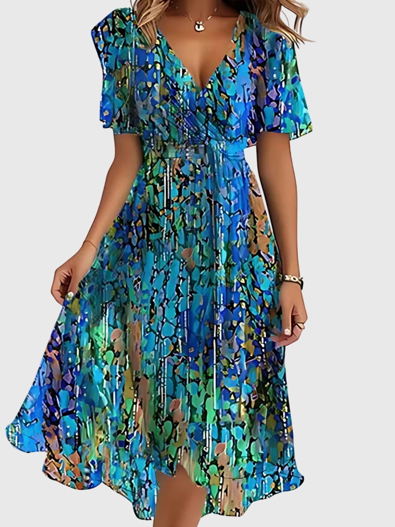Estelle Ravenclair | Floral Chiffon Midi Wrap Dress with Flutter Sleeves