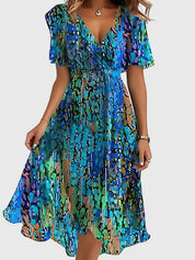 Estelle Ravenclair | Floral Chiffon Midi Wrap Dress with Flutter Sleeves