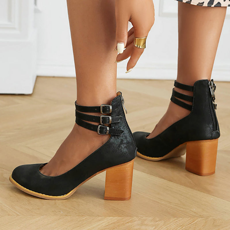 Mathilde Renoncourt | Tan Block Heel with Double Ankle Strap