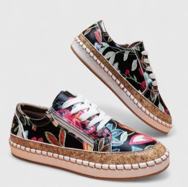 Céleste Marlowe | Floral Print Platform Lace-Up Sneakers with Cork Sole